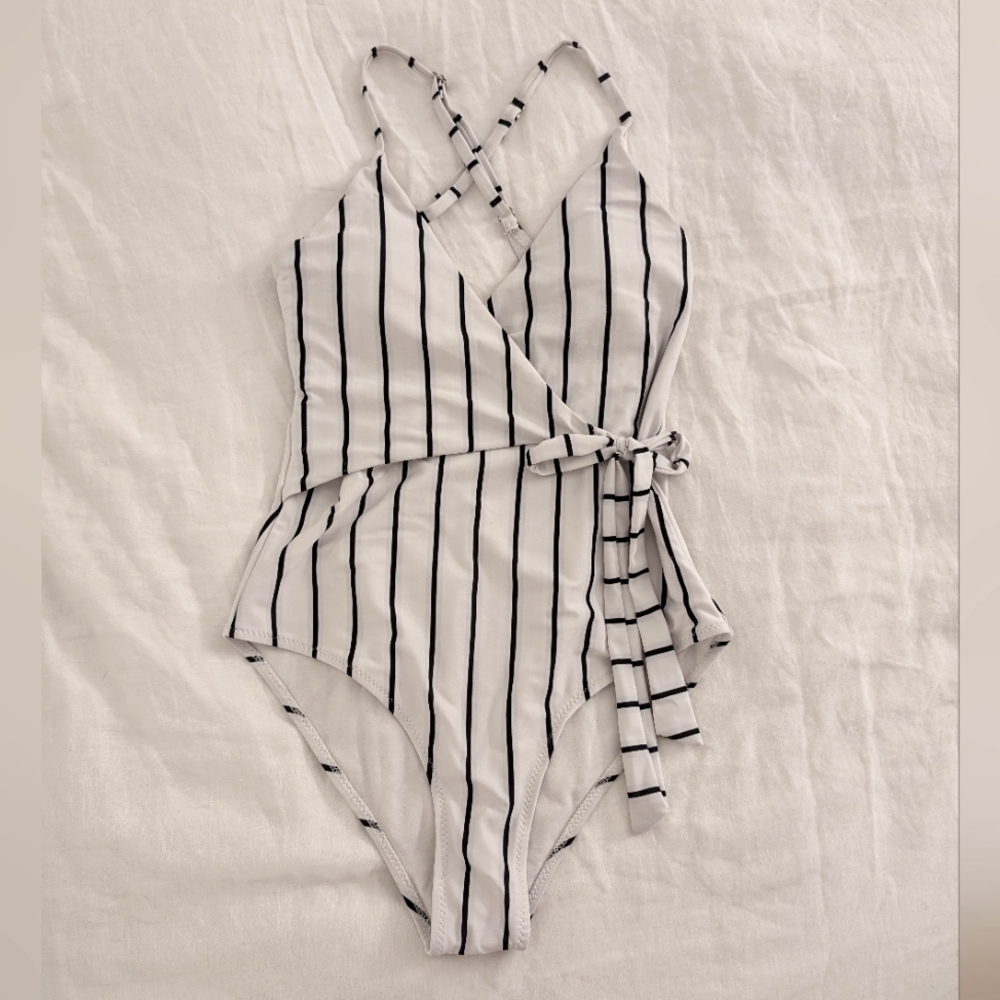 White Wrap Tie V-Neck One Piece Swimsuit, Adjustable Crossback Straps, Size S